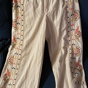 Anthropologie Cream Embroidered Pants